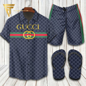 Gucci Monogram Navy Hawaiian Shirt Beach Shorts And Flip Flops