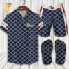 Gucci Navy White Logo Hawaiian Shirt Beach Shorts And Flip Flops