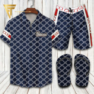 Gucci Navy White Logo Hawaiian Shirt Beach Shorts And Flip Flops