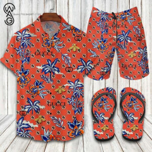 Gucci Orange Classic Logo All Over Print Hawaiian Shirt Beach Shorts And Flip Flops
