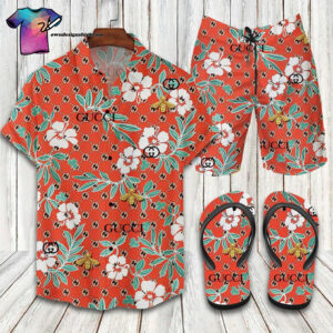 Gucci Orange Flower Logo Full Print Hawaiian Shirt Beach Shorts And Flip Flops