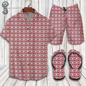 Gucci Pink Classic Logo All Over Print Hawaiian Shirt Beach Shorts And Flip Flops