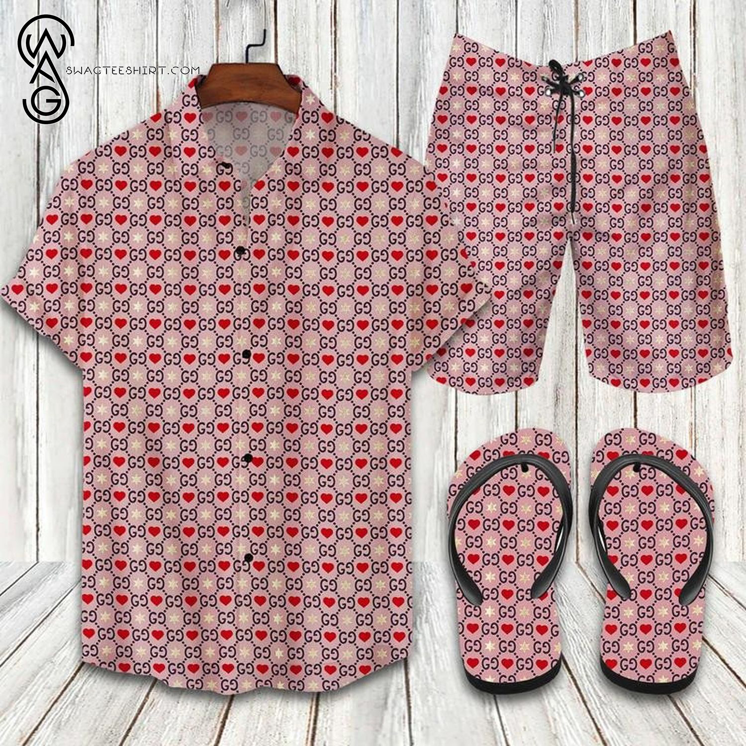 Gucci Pink Classic Logo All Over Print Hawaiian Shirt Beach Shorts And Flip Flops Gucci Pink Classic Logo All Over Print Hawaiian Shirt Beach Shorts And Flip Flops