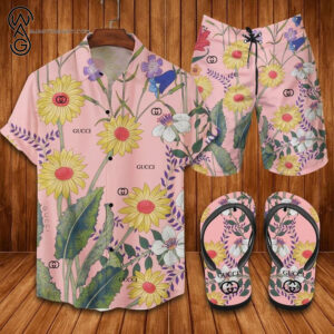 Gucci Pink Flower Logo All Over Print Hawaiian Shirt Beach Shorts And Flip Flops