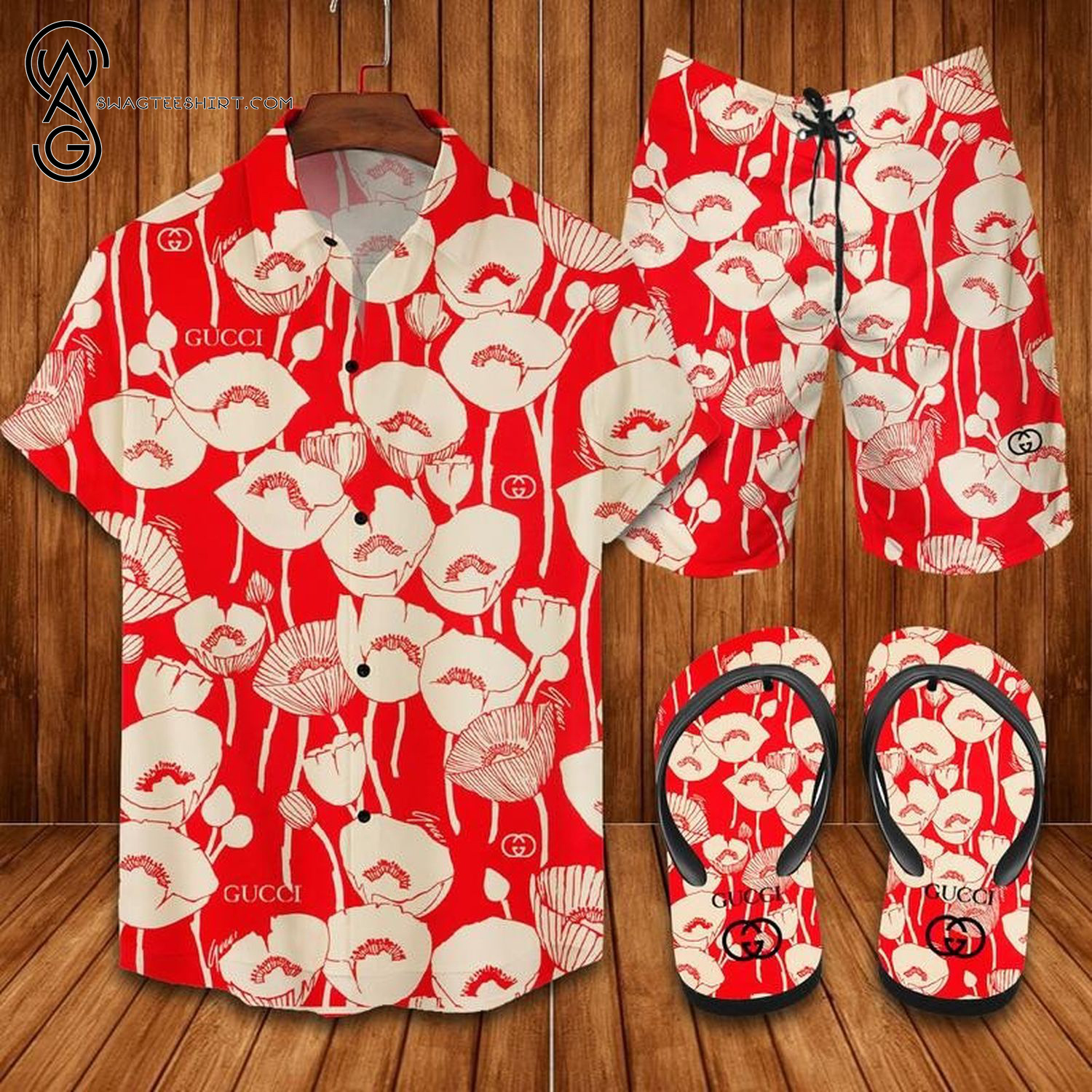 Gucci Red Flower Logo All Over Print Hawaiian Shirt Beach Shorts And Flip Flops Gucci Red Flower Logo All Over Print Hawaiian Shirt Beach Shorts And Flip Flops