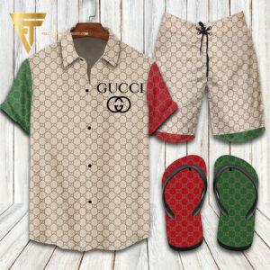 Gucci Red Green Classic Hawaiian Shirt Beach Shorts And Flip Flops
