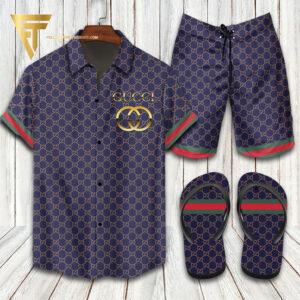 Gucci Red Green Navy Hawaiian Shirt Beach Shorts And Flip Flops