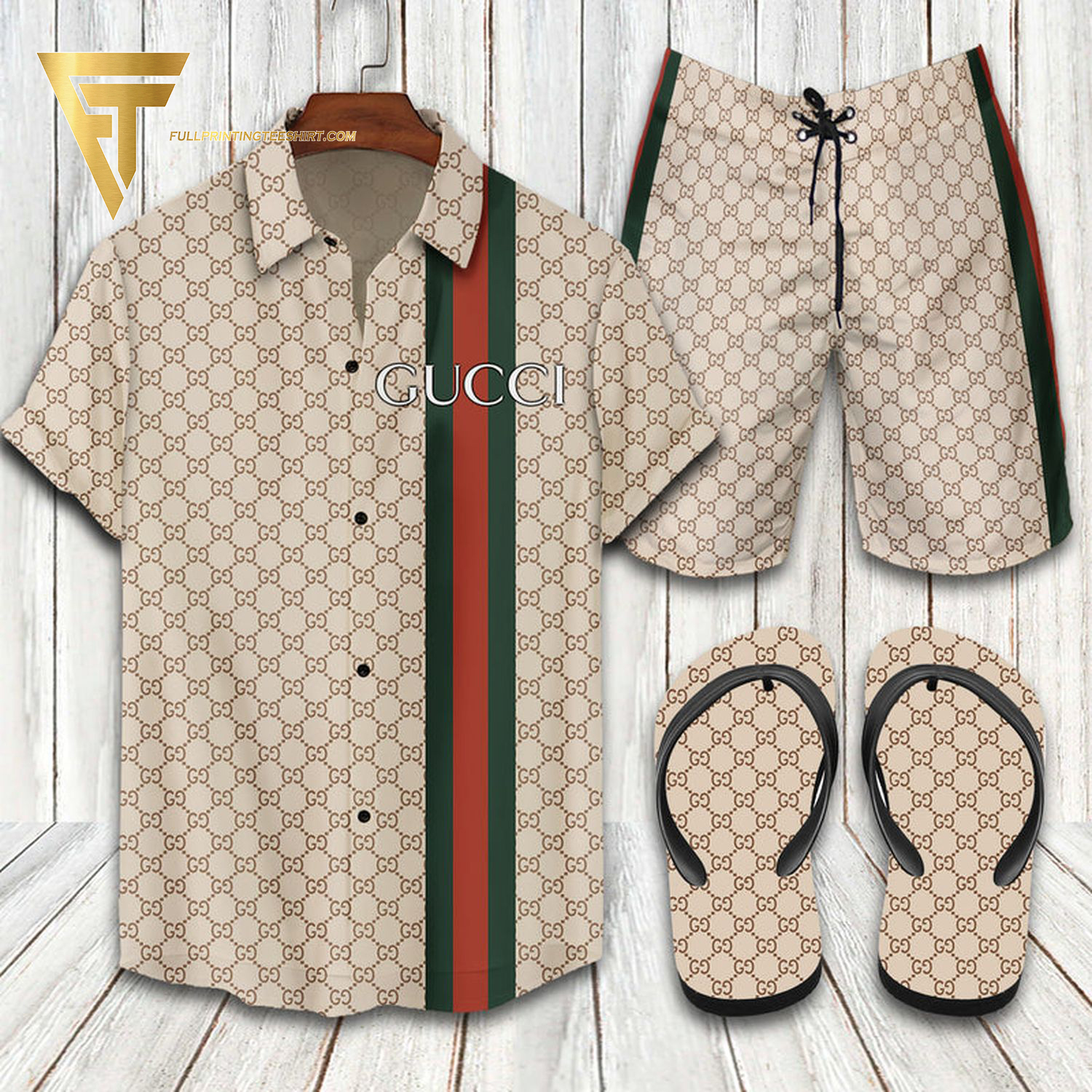 Gucci Red Green Striped Hawaiian Shirt Beach Shorts And Flip Flops Gucci Red Green Striped Hawaiian Shirt Beach Shorts And Flip Flops