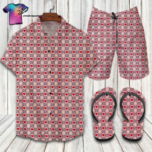 Gucci Red Pink Symbol Full Print Hawaiian Shirt Beach Shorts And Flip Flops
