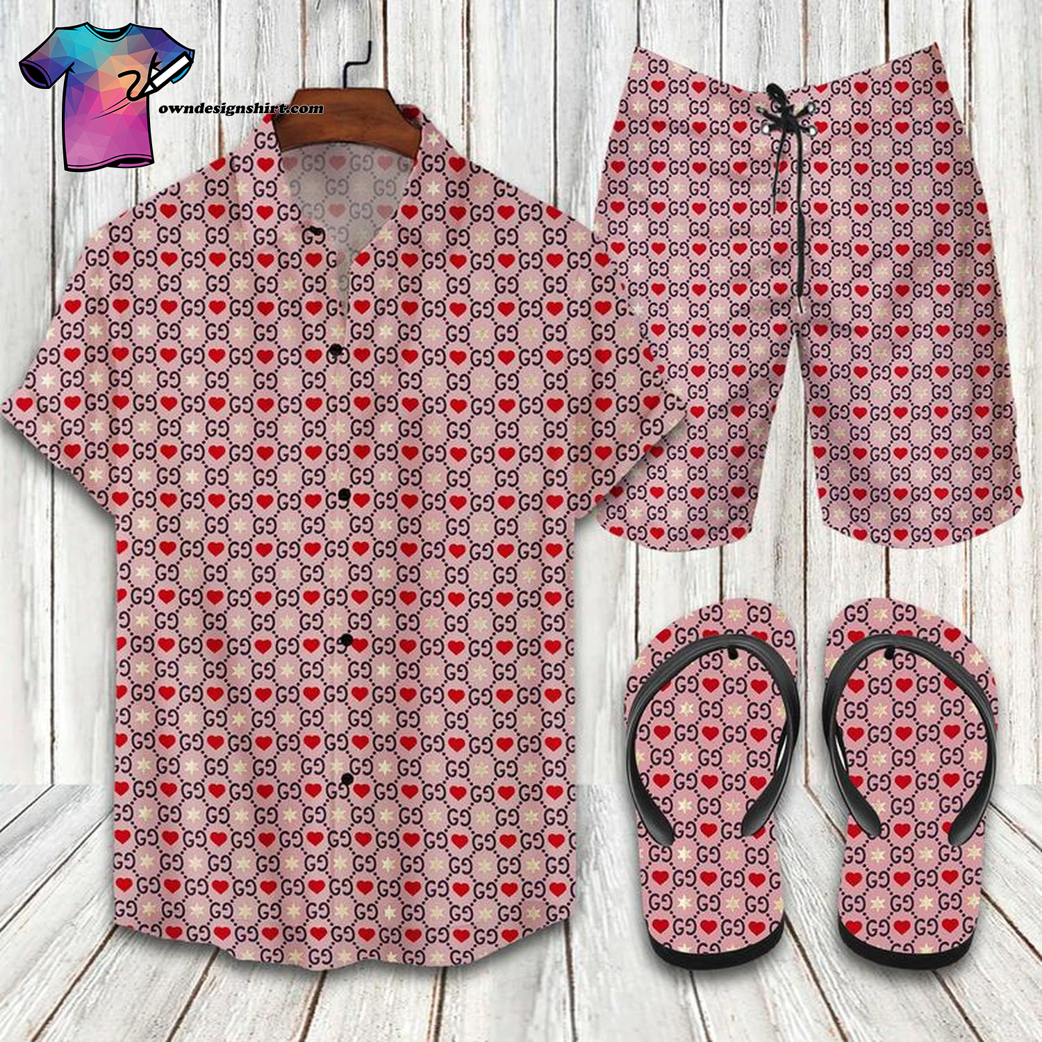 Gucci Red Pink Symbol Full Print Hawaiian Shirt Beach Shorts And Flip Flops Gucci Red Pink Symbol Full Print Hawaiian Shirt Beach Shorts And Flip Flops
