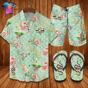Gucci Snake And Flower Full Print Hawaiian Shirt Beach Shorts And Flip Flops