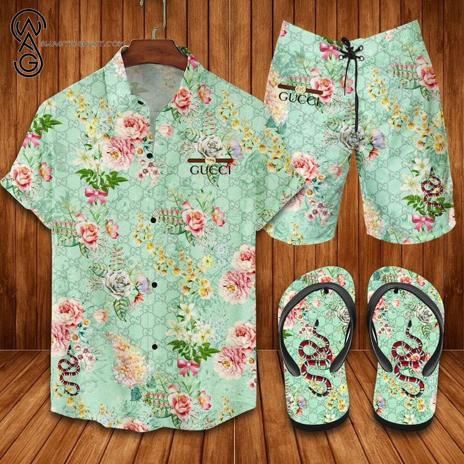 Gucci Snake Floral All Over Print Hawaiian Shirt Beach Shorts And Flip Flops Gucci Snake Floral All Over Print Hawaiian Shirt Beach Shorts And Flip Flops