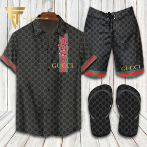 Gucci Snake Red Green Striped Hawaiian Shirt Beach Shorts And Flip Flops