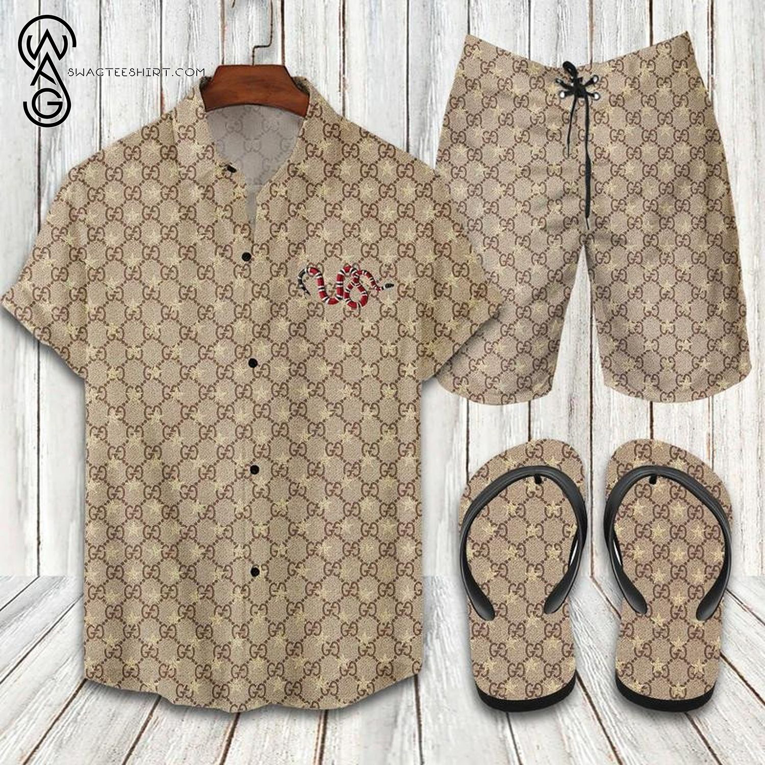 Gucci Snake Symbol All Over Print Hawaiian Shirt Beach Shorts And Flip Flops Gucci Snake Symbol All Over Print Hawaiian Shirt Beach Shorts And Flip Flops