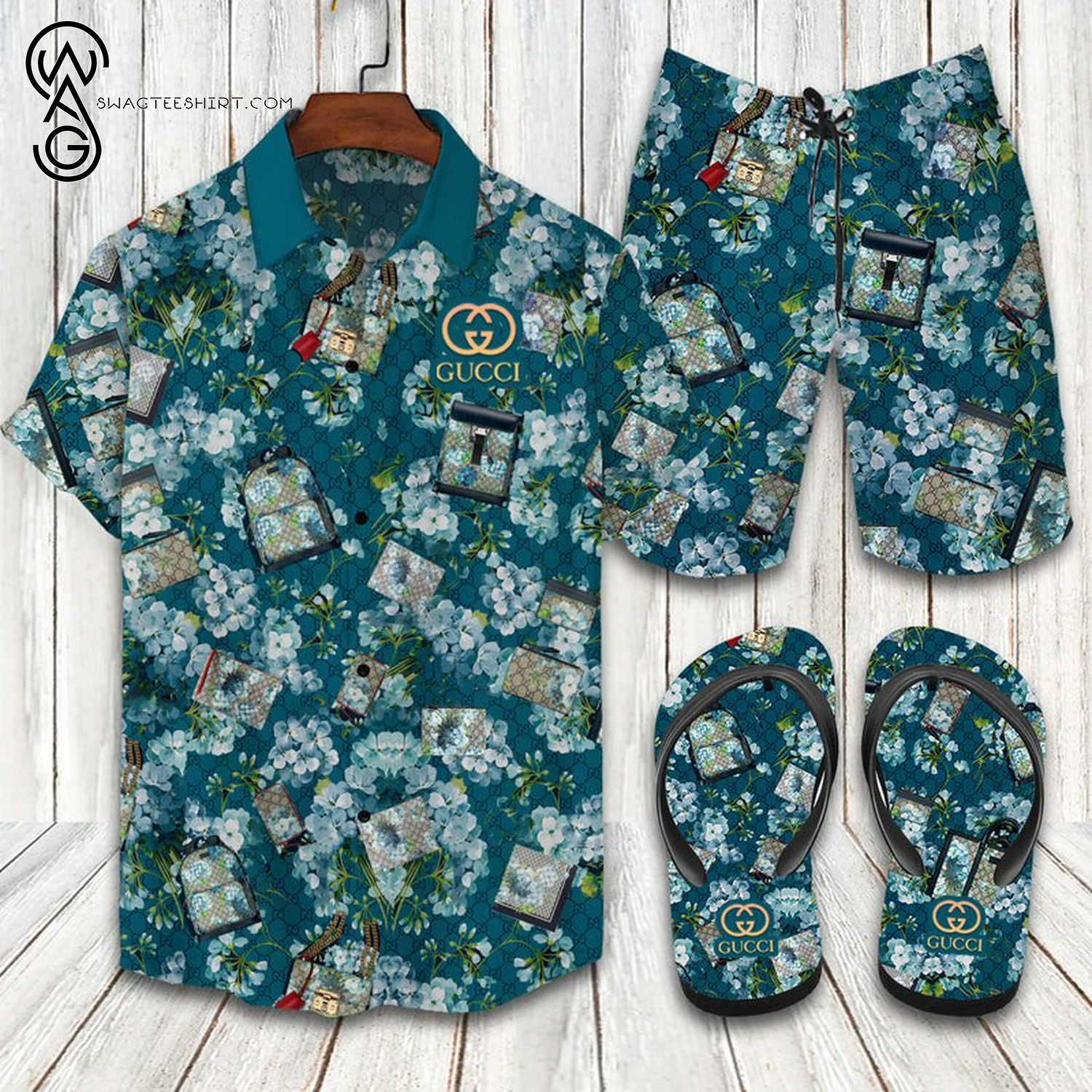 Gucci Symbol Floral All Over Print Hawaiian Shirt Beach Shorts And Flip Flops Gucci Symbol Floral All Over Print Hawaiian Shirt Beach Shorts And Flip Flops