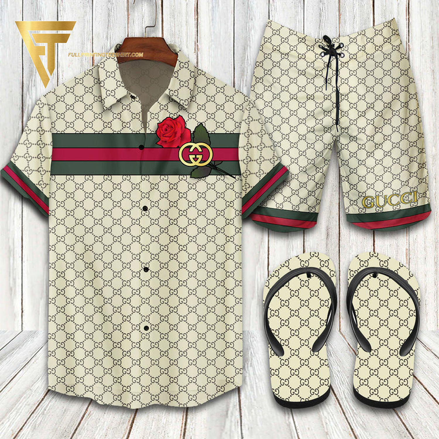Gucci Symbol Rose Hawaiian Shirt Beach Shorts And Flip Flops Gucci Symbol Rose Hawaiian Shirt Beach Shorts And Flip Flops