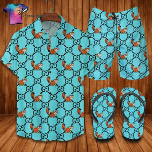 Gucci Teal Logo Full Print Hawaiian Shirt Beach Shorts And Flip Flops