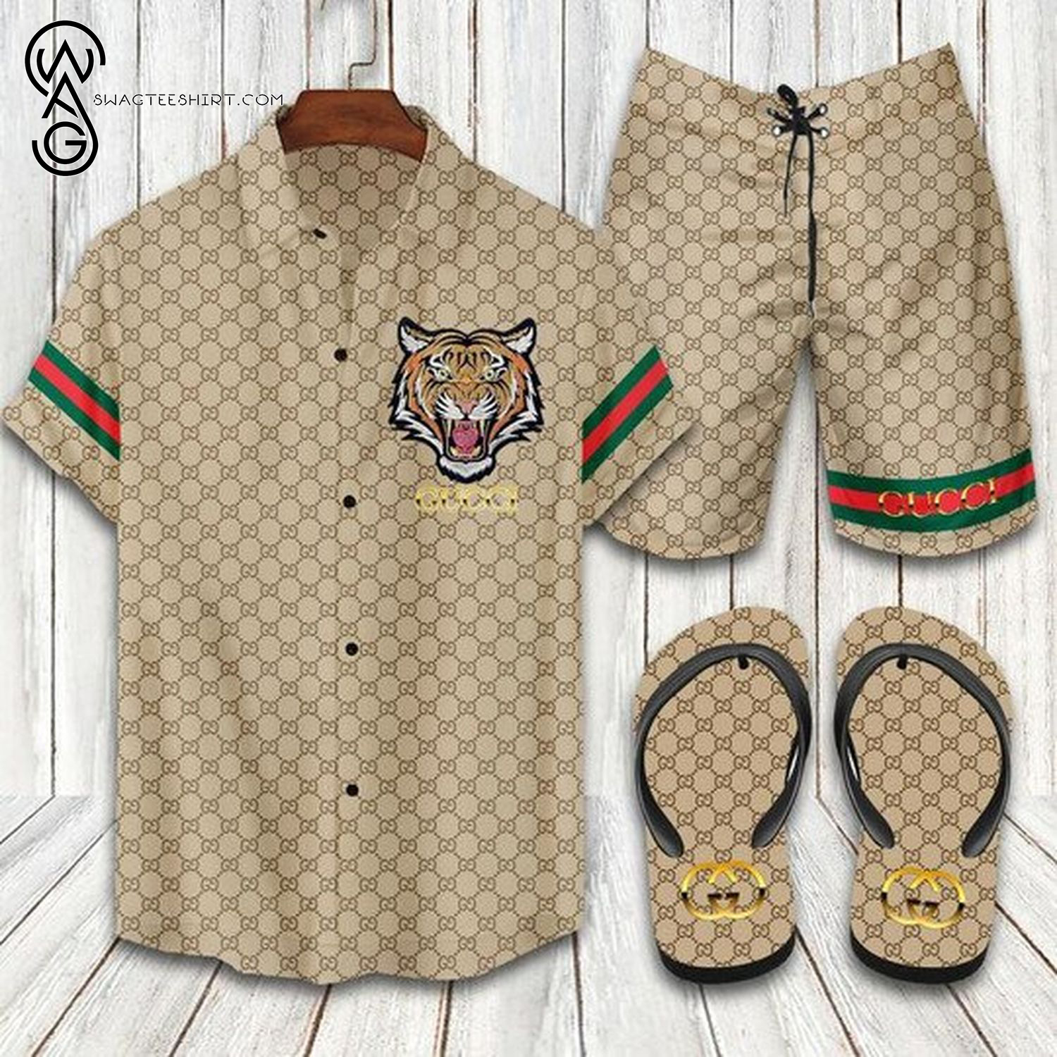 Gucci Tiger All Over Print Hawaiian Shirt Beach Shorts And Flip Flops Gucci Tiger All Over Print Hawaiian Shirt Beach Shorts And Flip Flops