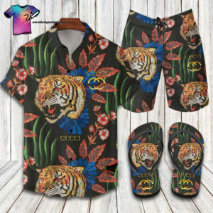 Gucci Tiger And Flower Full Print Hawaiian Shirt Beach Shorts And Flip Flops