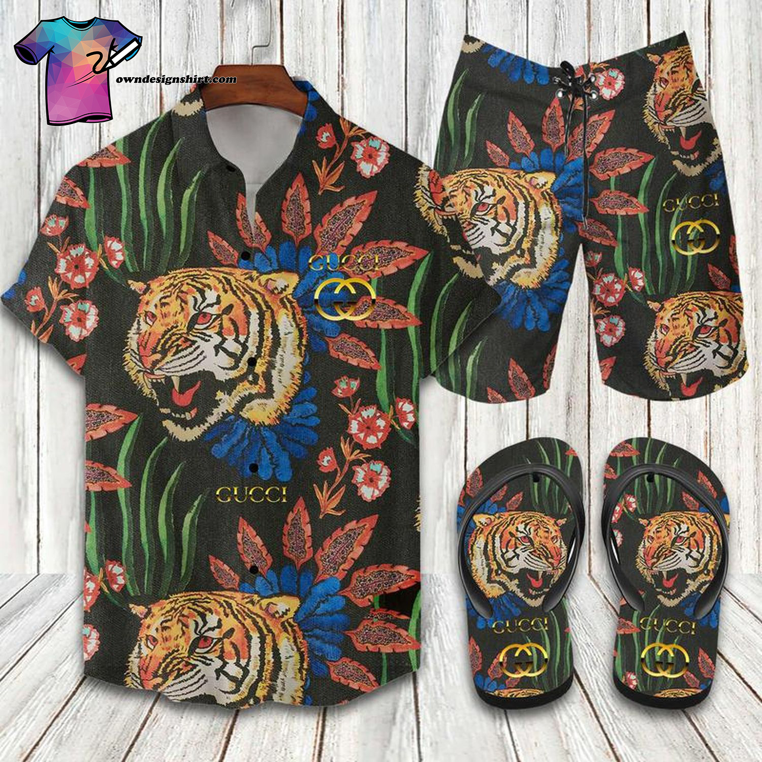 Gucci Tiger And Flower Full Print Hawaiian Shirt Beach Shorts And Flip Flops Gucci Tiger And Flower Full Print Hawaiian Shirt Beach Shorts And Flip Flops