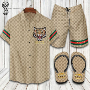 Gucci Tiger Classic Logo All Over Print Hawaiian Shirt Beach Shorts And Flip Flops