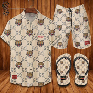 Gucci Tiger Logo All Over Print Hawaiian Shirt Beach Shorts And Flip Flops