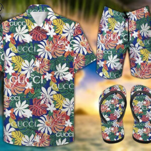 Gucci Tropical Version All Over Print Hawaiian Shirt Beach Shorts And Flip Flops