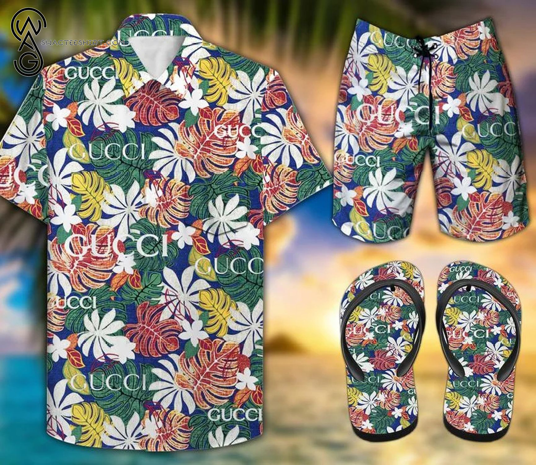 Gucci Tropical Version All Over Print Hawaiian Shirt Beach Shorts And Flip Flops Gucci Tropical Version All Over Print Hawaiian Shirt Beach Shorts And Flip Flops