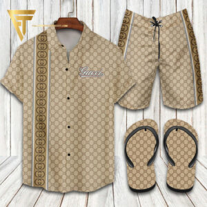Gucci White Logo Hawaiian Shirt Beach Shorts And Flip Flops