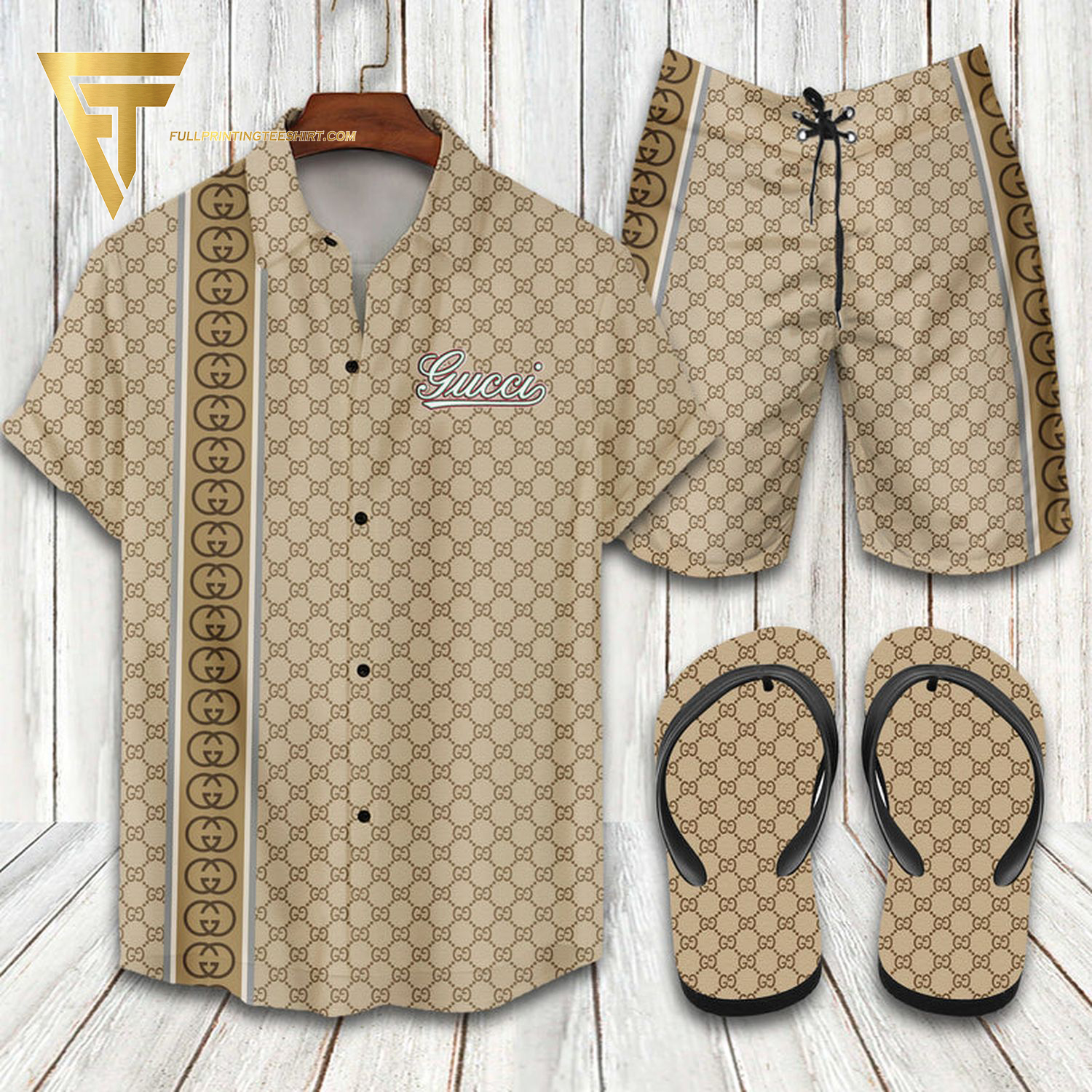 Gucci White Logo Hawaiian Shirt Beach Shorts And Flip Flops Gucci White Logo Hawaiian Shirt Beach Shorts And Flip Flops