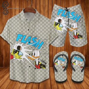 Gucci And Donald Duck All Over Print Hawaiian Shirt Beach Shorts And Flip Flops