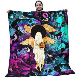 Halloween Quilt - White Shadow Pumpkin With Colorful School Background Quilt - Halloween Gift Ideas