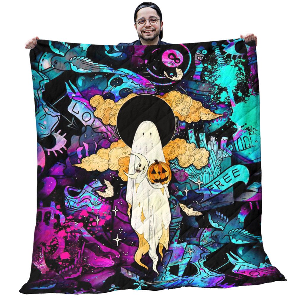 Halloween Quilt - White Shadow Pumpkin With Colorful School Background Quilt - Halloween Gift Ideas Halloween Quilt - White Shadow Pumpkin With Colorful School Background Quilt - Halloween Gift Ideas