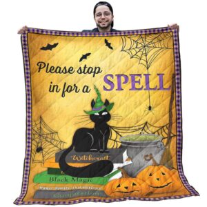 Halloween Quilts - Black Cat With Green Hat Pumpkin Magic Books Quilt - Halloween Themed Gifts