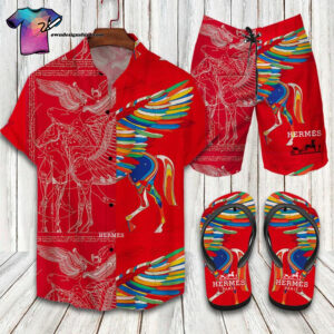 Hermes Red Horse Full Print Hawaiian Shirt Beach Shorts And Flip Flops