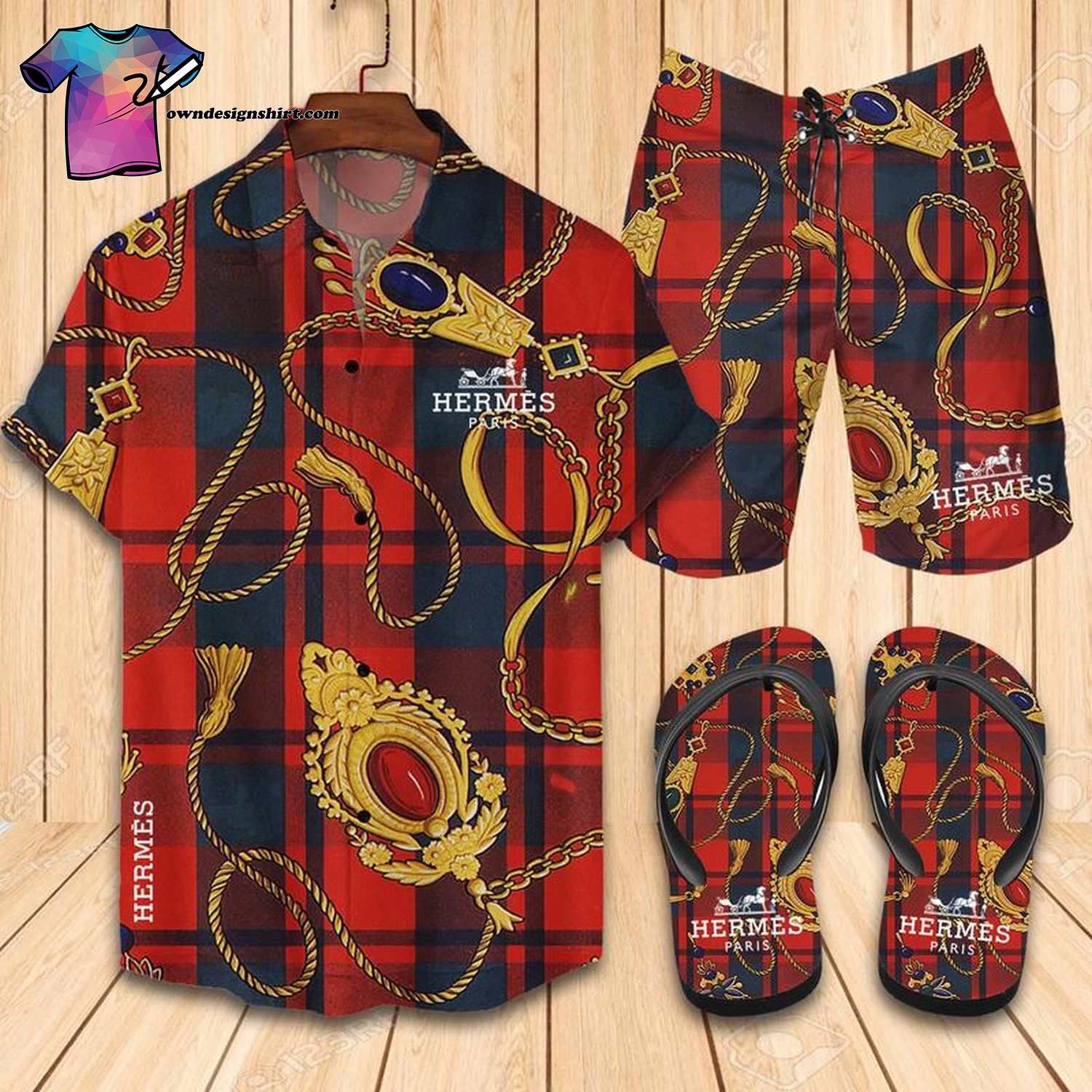 Hermes With Gold Chains Retro Full Print Hawaiian Shirt Beach Shorts And Flip Flops Hermes With Gold Chains Retro Full Print Hawaiian Shirt Beach Shorts And Flip Flops