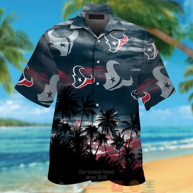 Houston Texans Black Palm Tree Hawaiian Shirt And Shorts Houston Texans Black Palm Tree Hawaiian Shirt And Shorts