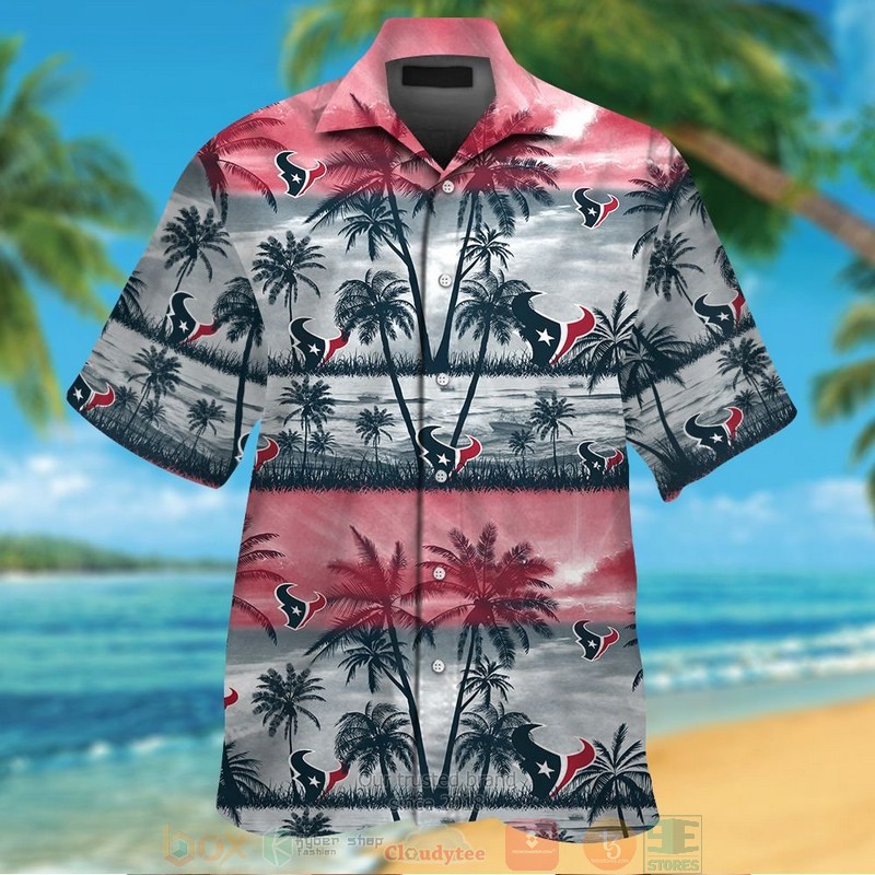 Houston Texans Palm Tree Red Grey Hawaiian Shirt And Shorts Houston Texans Palm Tree Red Grey Hawaiian Shirt And Shorts