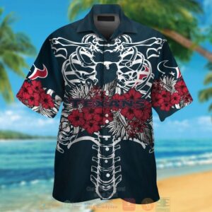 Houston Texans Red Hibiscus Dark Blue Hawaii Shirt
