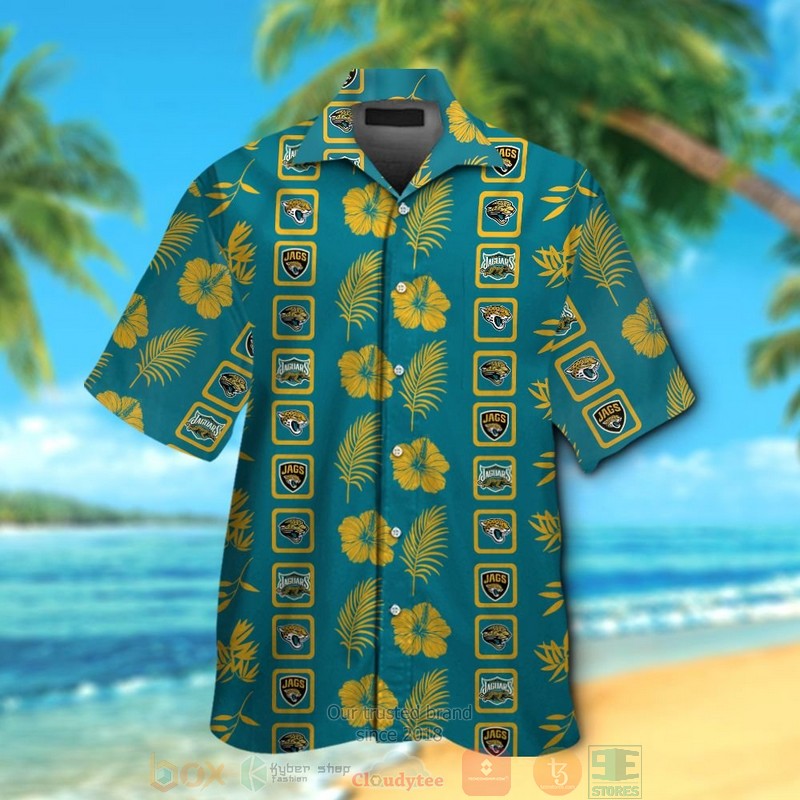 Jacksonville Jaguars Logo Gold Hibiscus Teal Hawaiian Shirt And Shorts Jacksonville Jaguars Logo Gold Hibiscus Teal Hawaiian Shirt And Shorts
