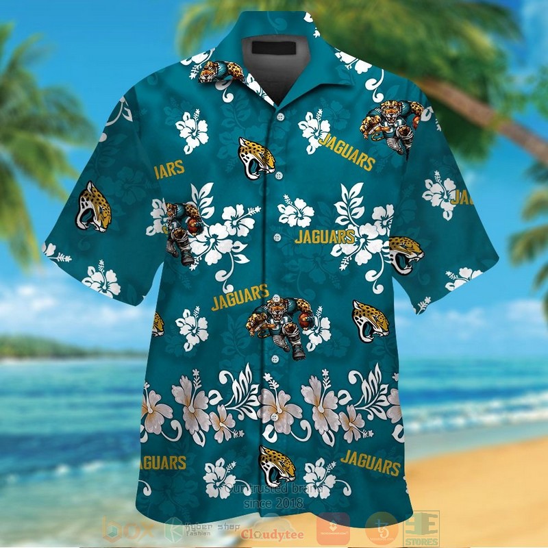 Jacksonville Jaguars Logo White Hibiscus Teal Hawaiian Shirt And Shorts Jacksonville Jaguars Logo White Hibiscus Teal Hawaiian Shirt And Shorts