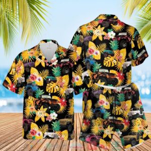 Jeep Pineapple Flowers Black Yellow Hawaiian Shirt