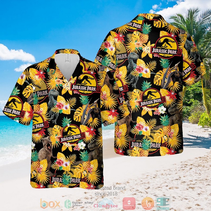 Jurassic Park Dinosaurs Pineapple Tropcial Plant Black Hawaiian Shirt Jurassic Park Dinosaurs Pineapple Tropcial Plant Black Hawaiian Shirt