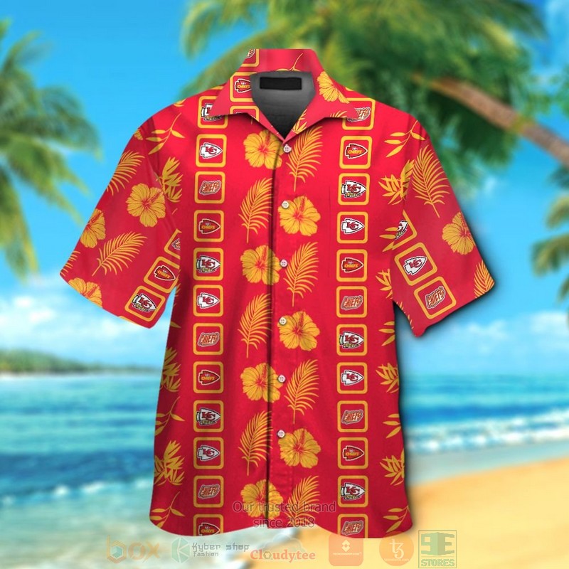 Kansas City Chiefs Logo Yellow Hibiscus Red Hawaiian Shirt And Shorts Kansas City Chiefs Logo Yellow Hibiscus Red Hawaiian Shirt And Shorts