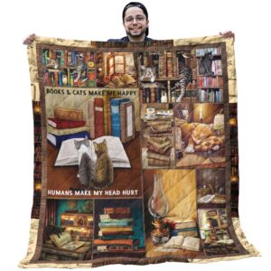 Library Book Quilt - Book & Cat Make Me Happy Brown Quilt Blanket - Gifts For Library Lovers