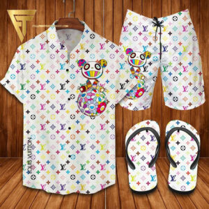 Louis Vuitton Bear Flower Hawaiian Shirt Beach Shorts And Flip Flops