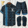 Louis Vuitton Black Blue Hawaiian Shirt Beach Shorts And Flip Flops