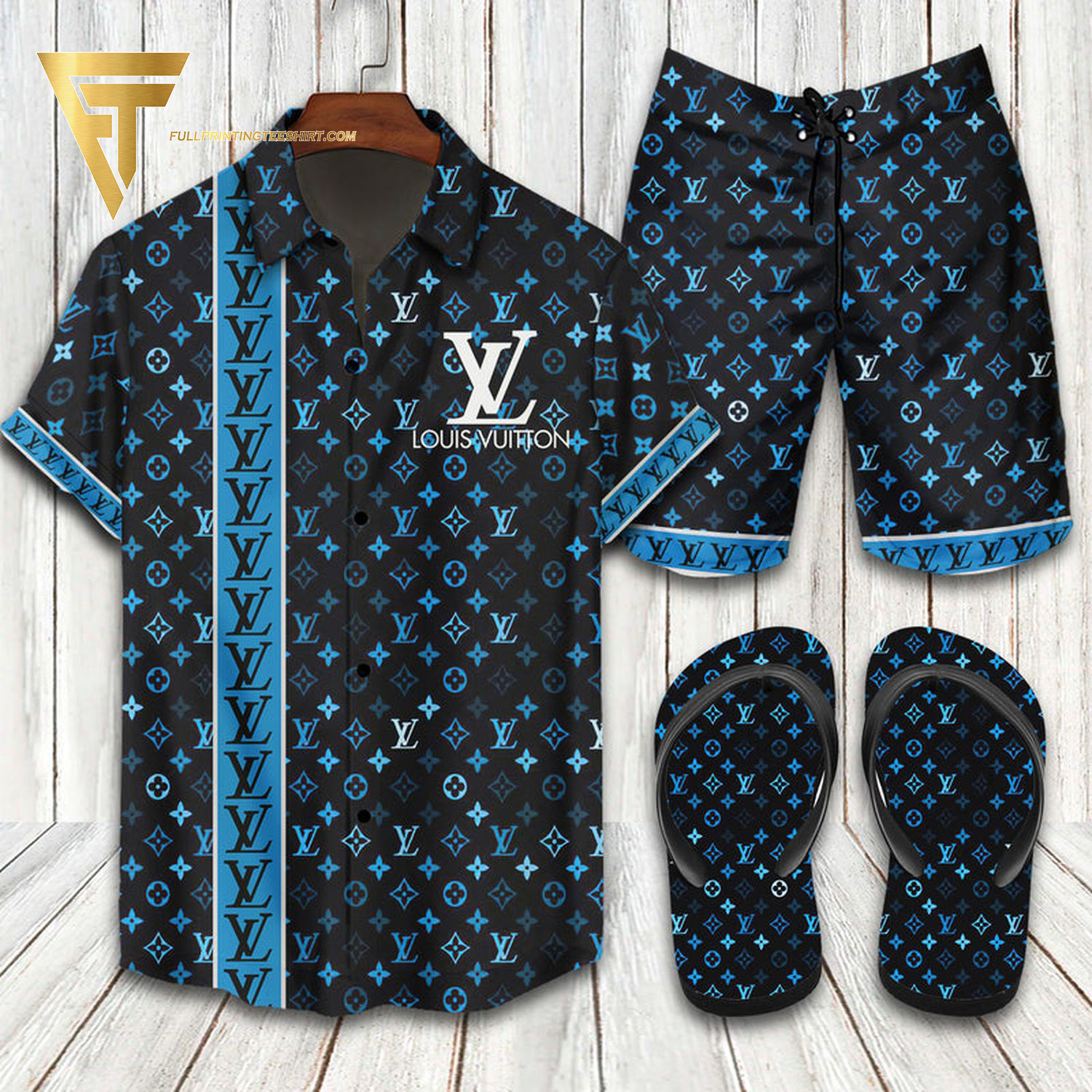 Louis Vuitton Black Blue Hawaiian Shirt Beach Shorts And Flip Flops Louis Vuitton Black Blue Hawaiian Shirt Beach Shorts And Flip Flops