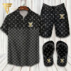 Louis Vuitton Black Grey Classic Version Hawaiian Shirt Beach Shorts And Flip Flops