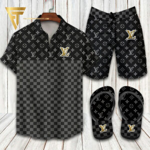 Louis Vuitton Black Grey Classic Version Hawaiian Shirt Beach Shorts And Flip Flops